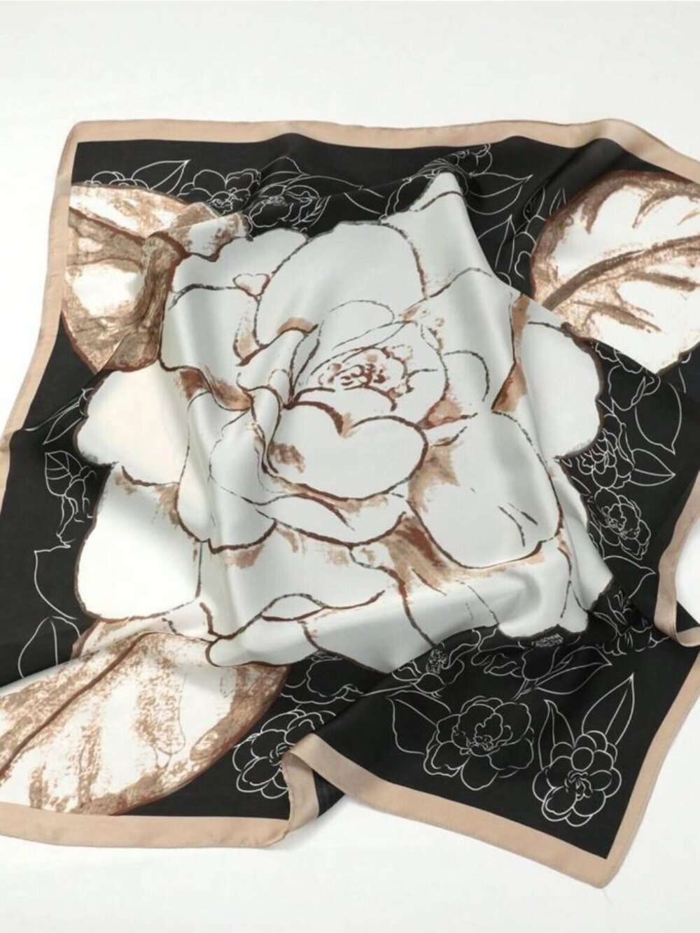 ✨New Elegant Bandana Square Silky Scarf Soft FLORAL BIG ROSE Black Brown Luxury✨ - Picture 7 of 8